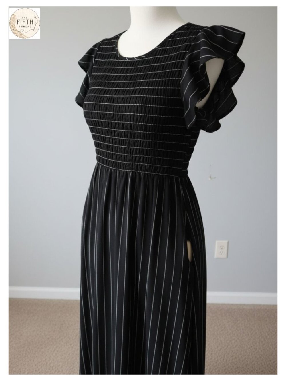 Striped Linen Midi Dress Smocked Flutter Sleeve with Pockets